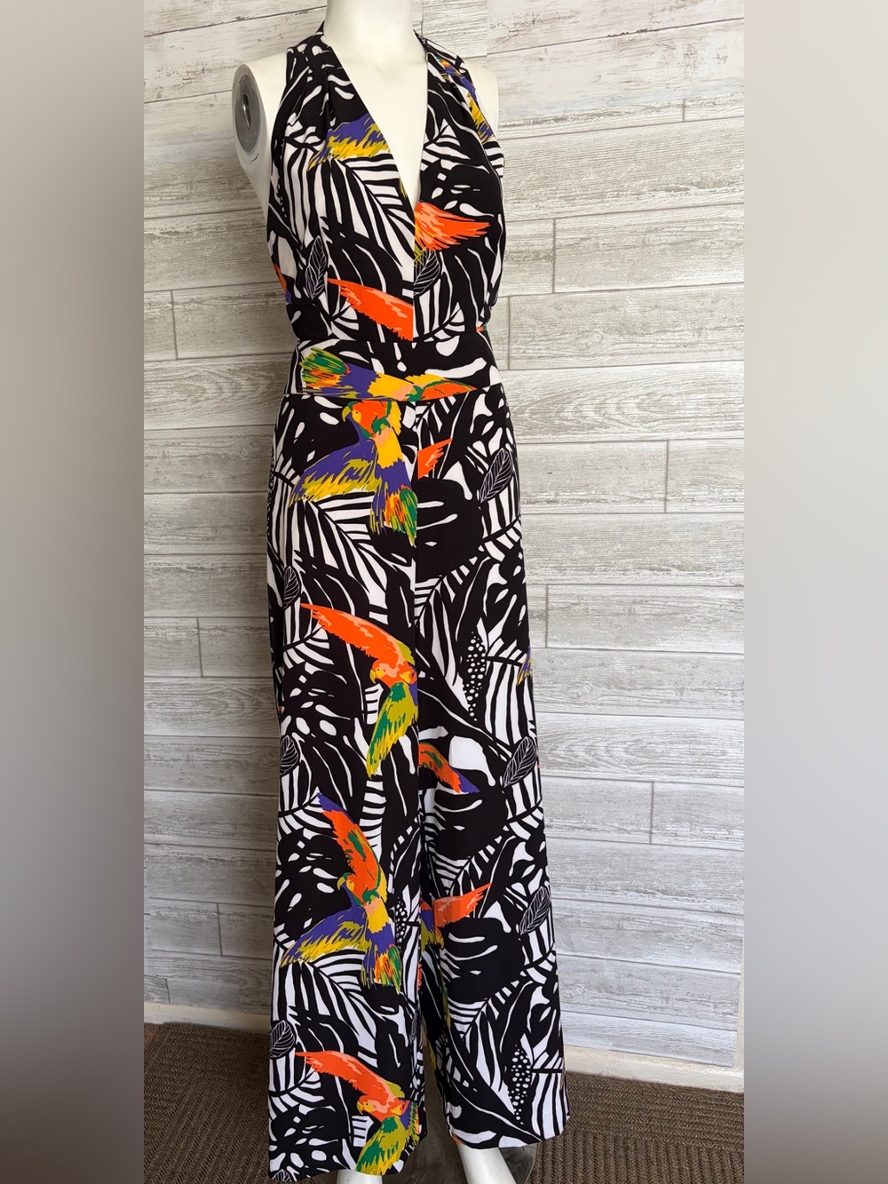 New Tropical Parrot Print Halter Jumpsuit - Black with Bright Multicolor Birds